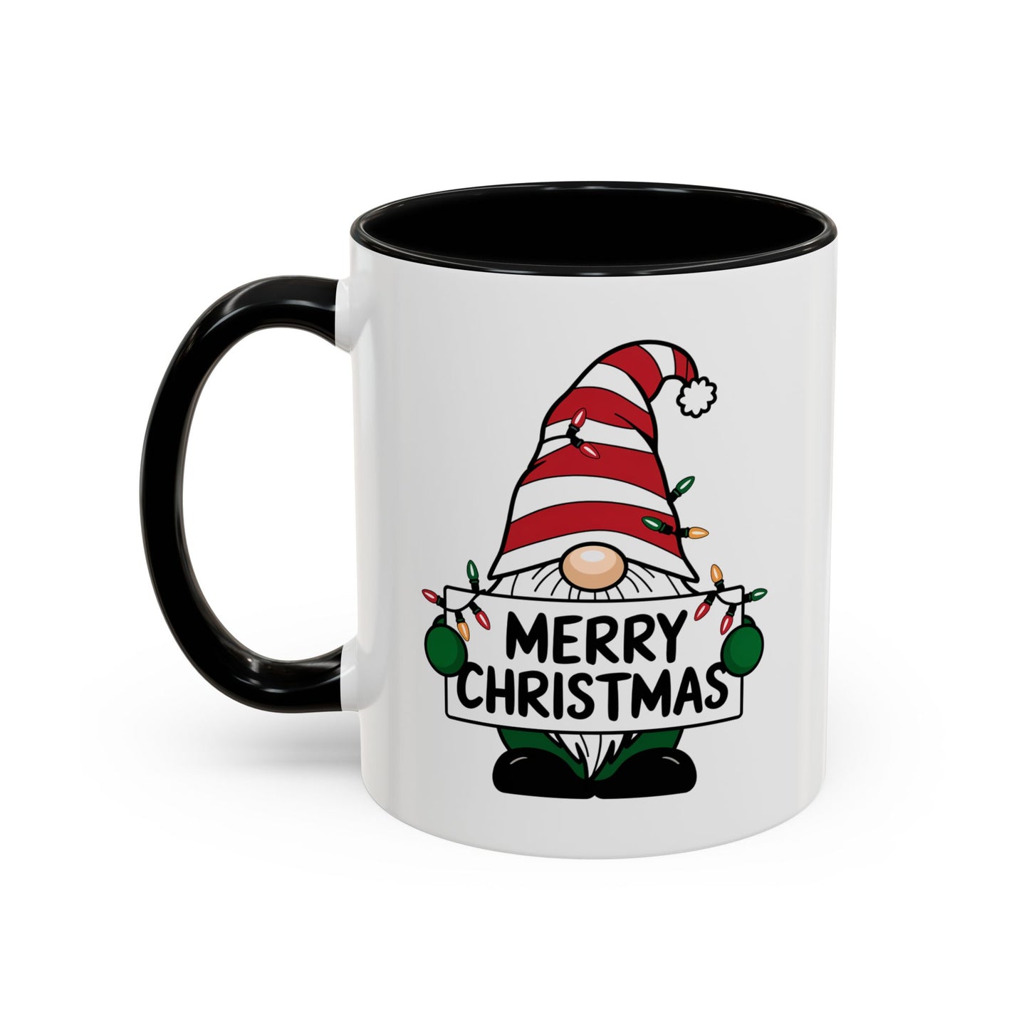 Christmas Mug - Merry Christmas Black Text Gnome Lights