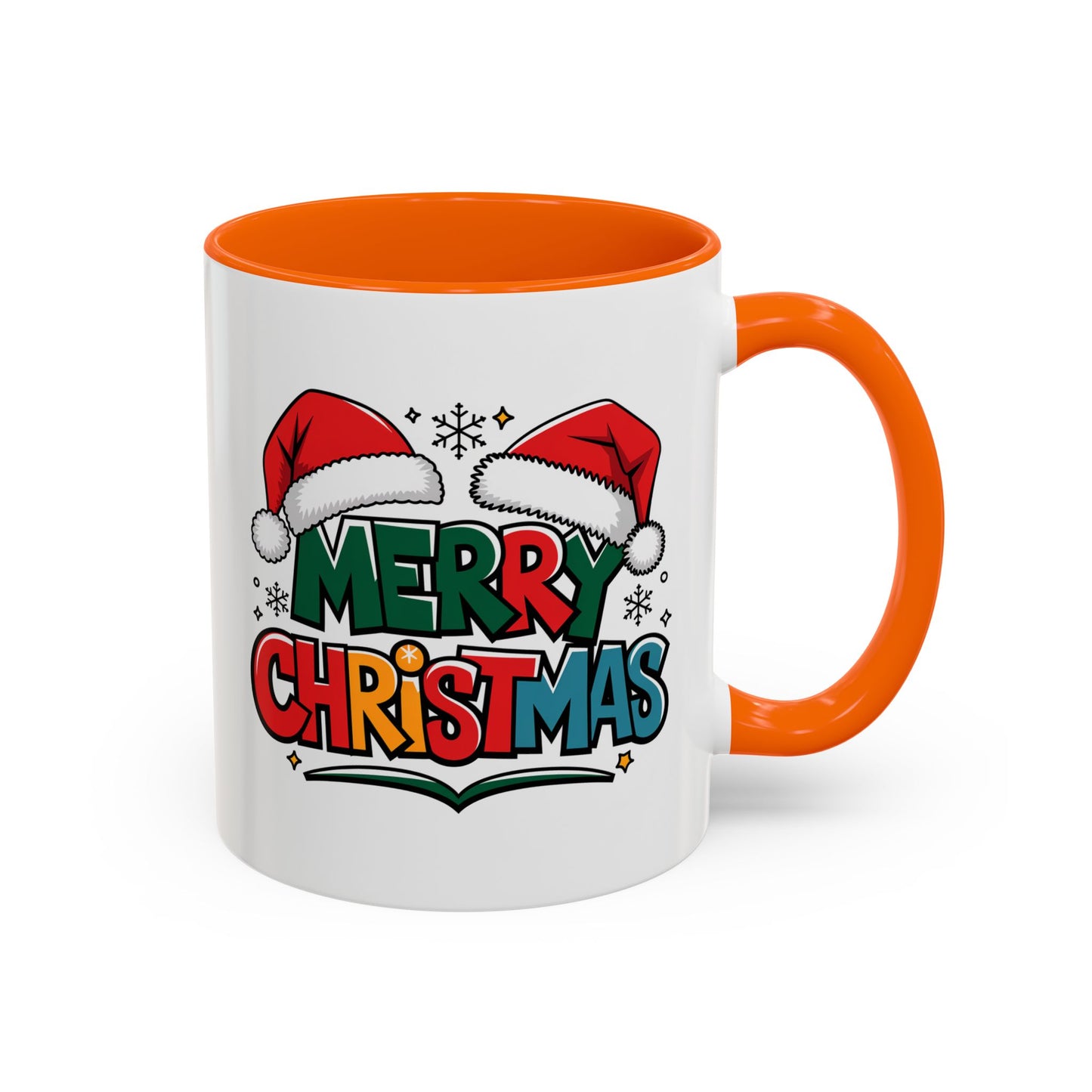 Christmas Mug - Merry Christmas Green Red Yellow and Blue Text Red Hats