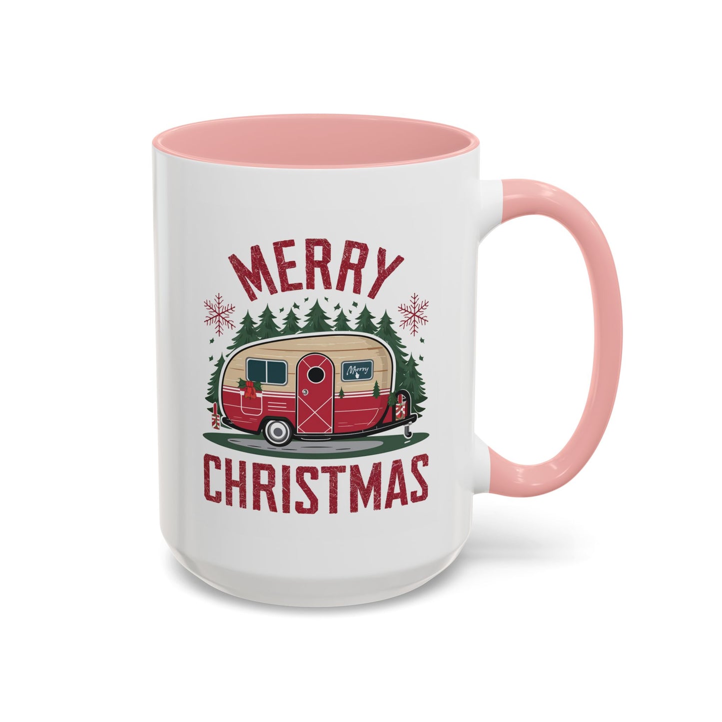 Christmas Mug - Merry Christmas Maroon Text Camper Trees Snowflakes
