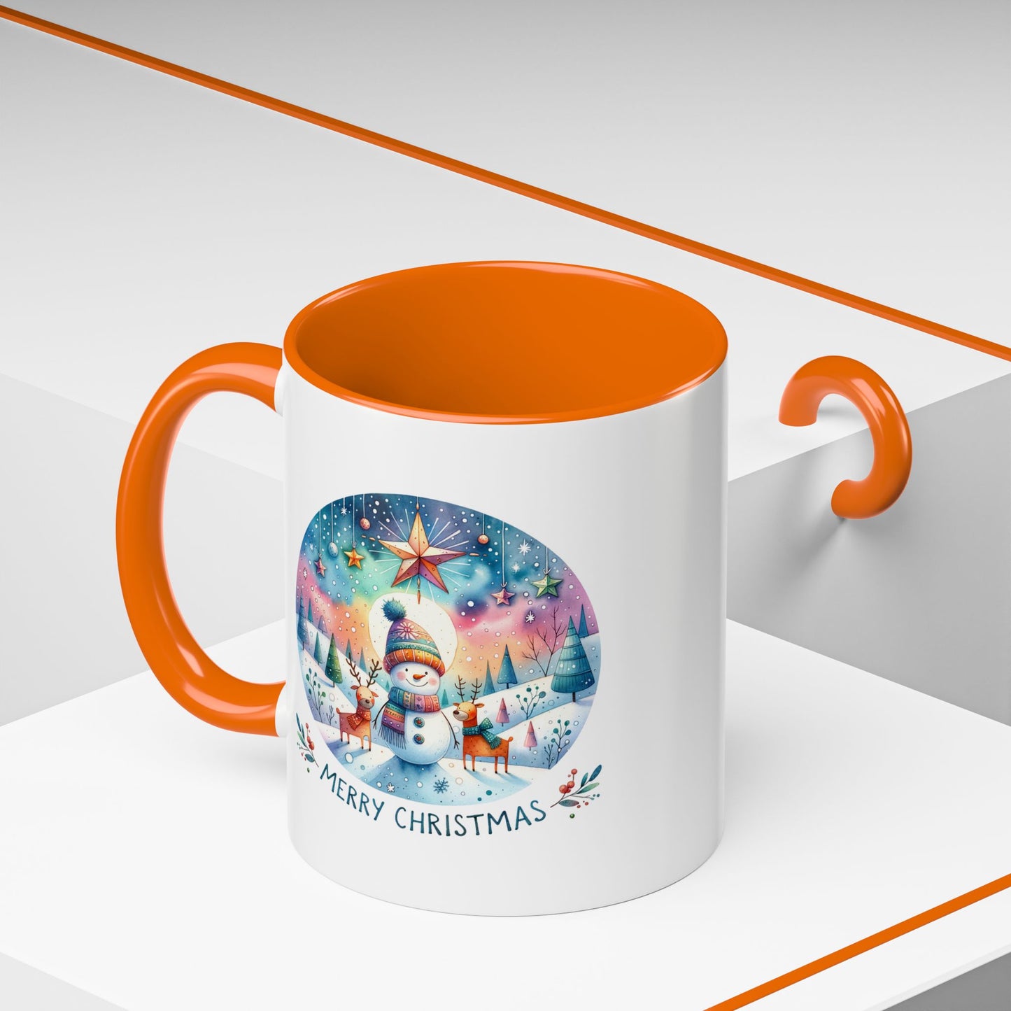 Christmas Mug - Merry Christmas Blue Text Snowman Star Reindeer