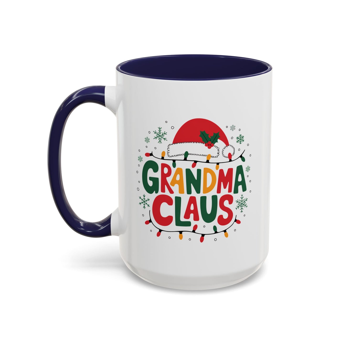 Christmas Mug - Grandma Claus Green Yellow & Red Text Hat Lights Stars