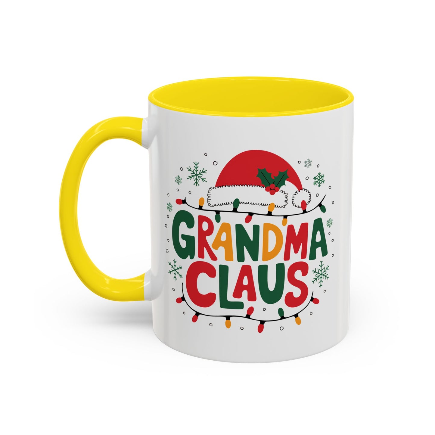 Christmas Mug - Grandma Claus Green Yellow & Red Text Hat Lights Stars