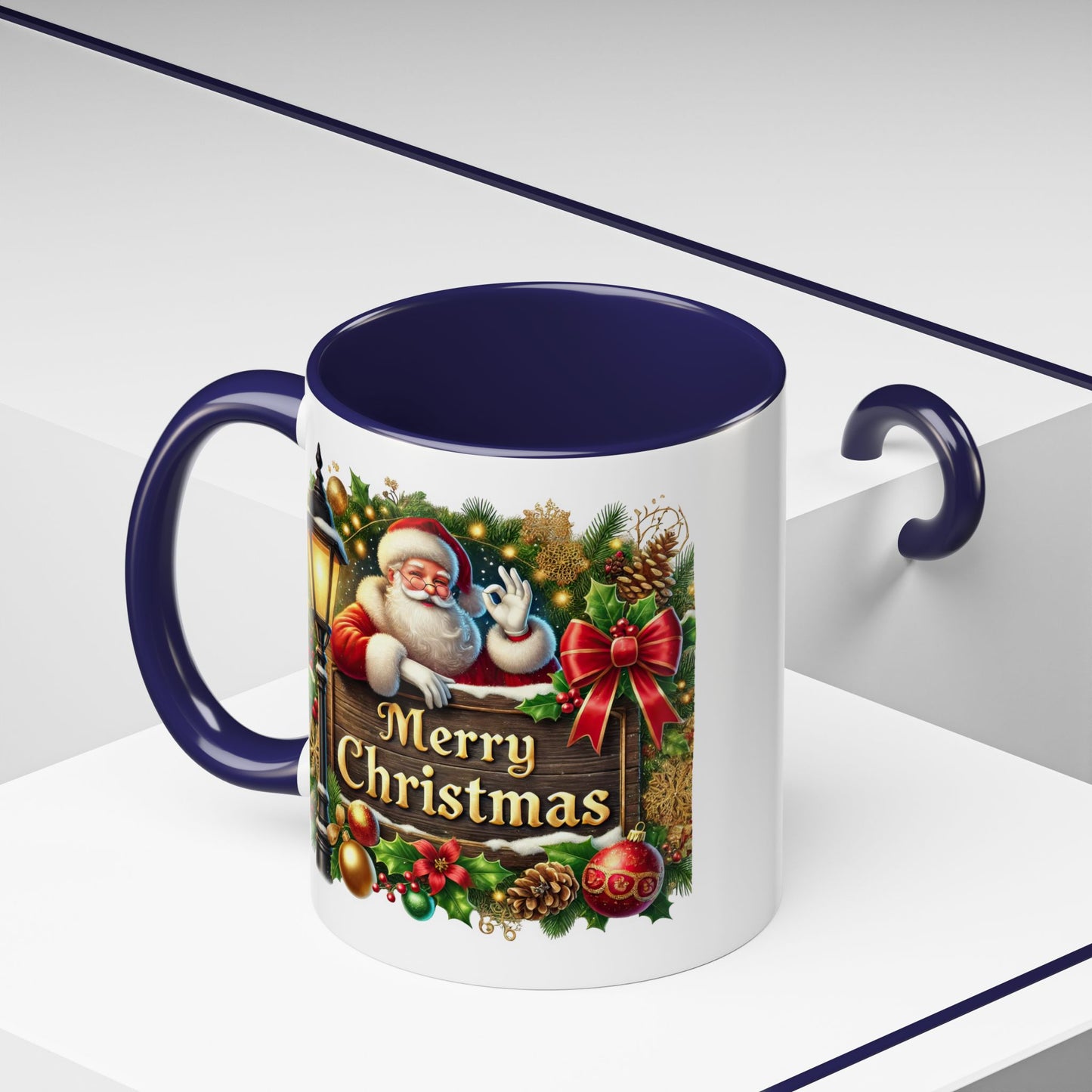 Christmas Mug - Merry Christmas Cream Text Santa Ok Light Bow Ornaments