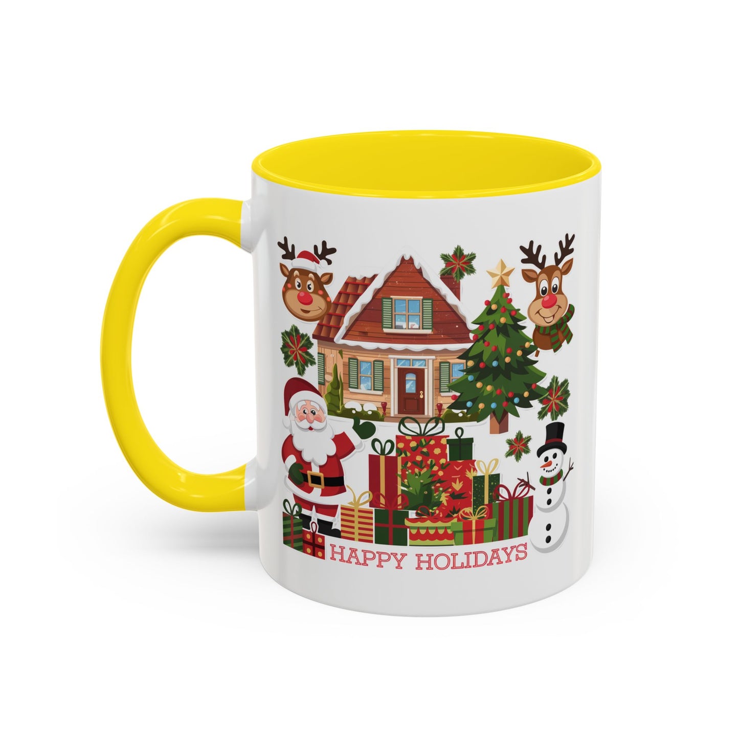 Christmas Mug - Happy Holidays Red Text Reindeer Santa Snowman Presents