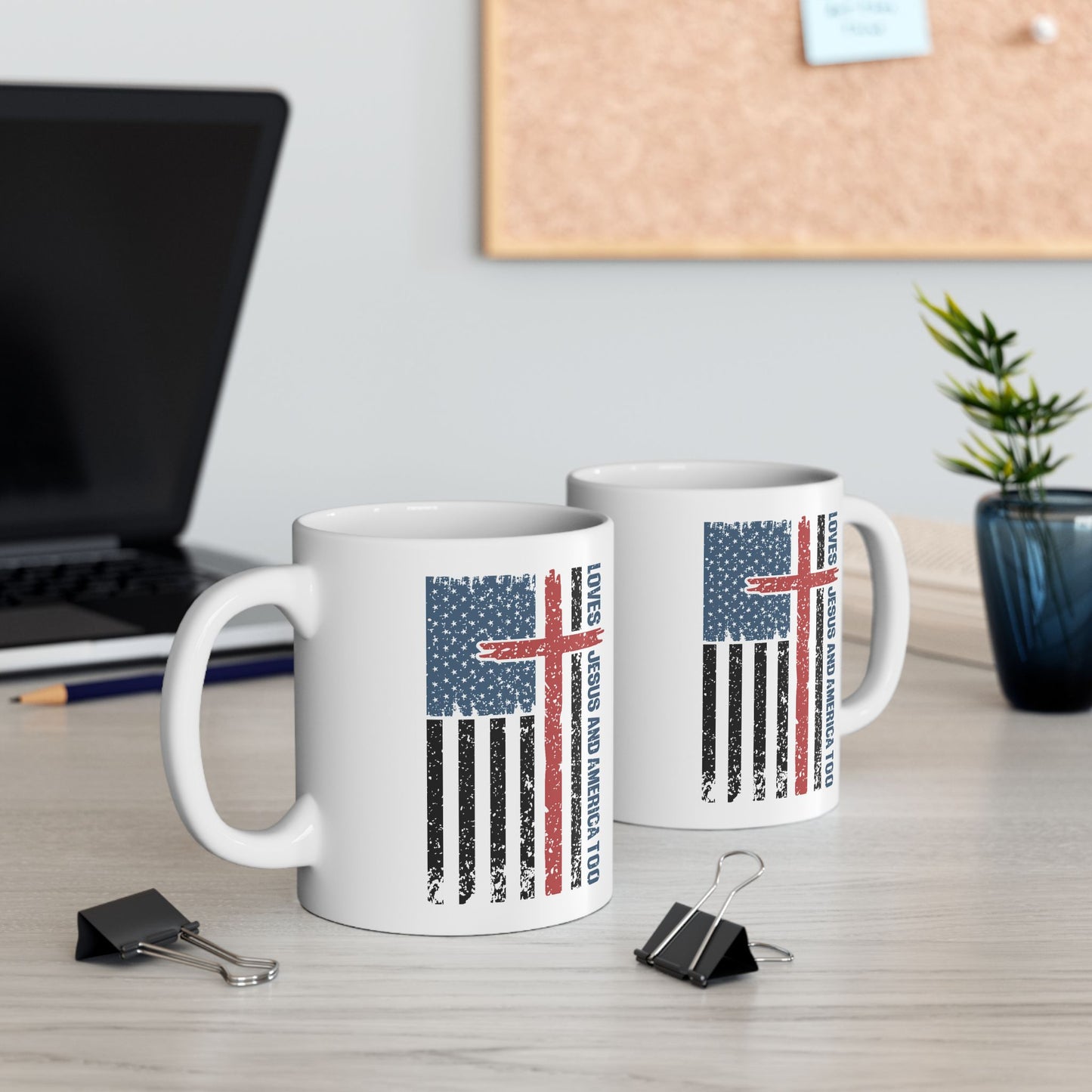 4th of July Mug - Loves Jesus & America Too Cross Flag