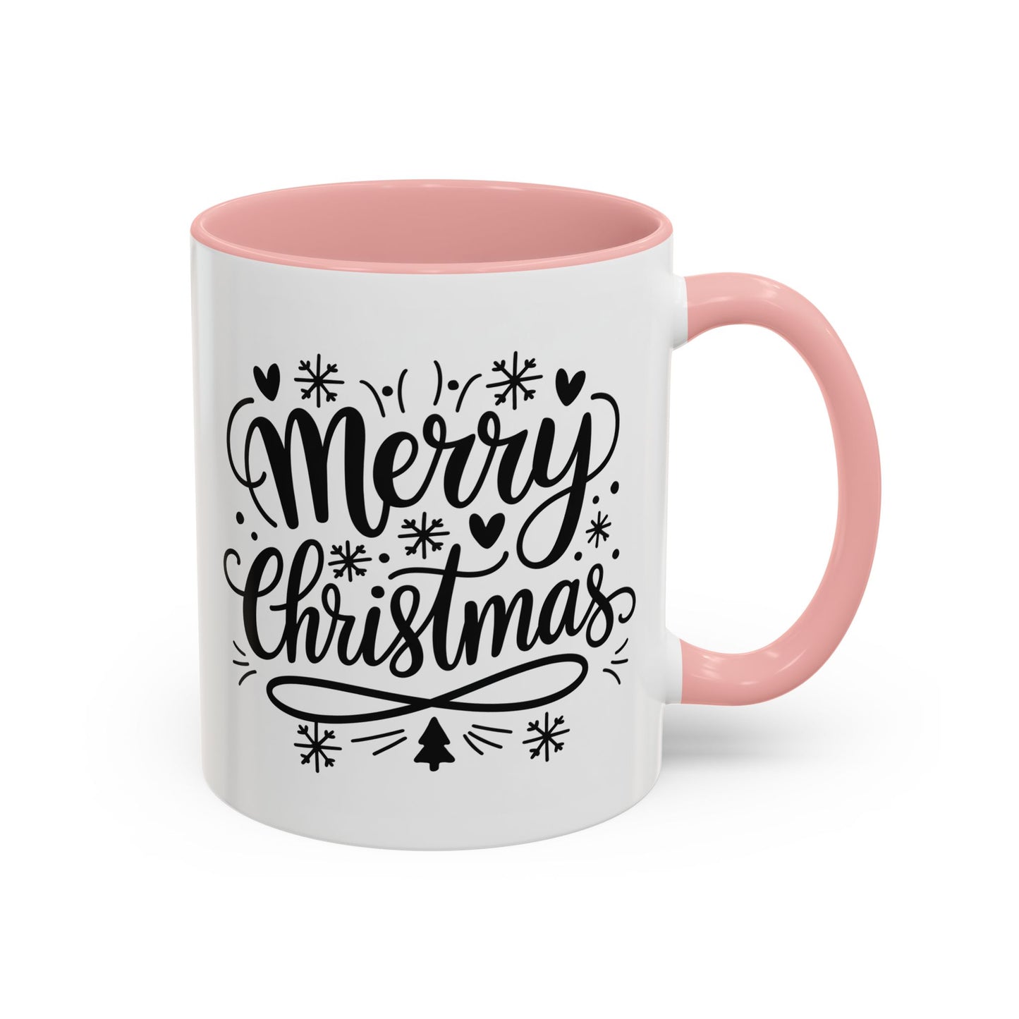 Christmas Mug - Merry Christmas Black Text Tree Snowflakes Hearts