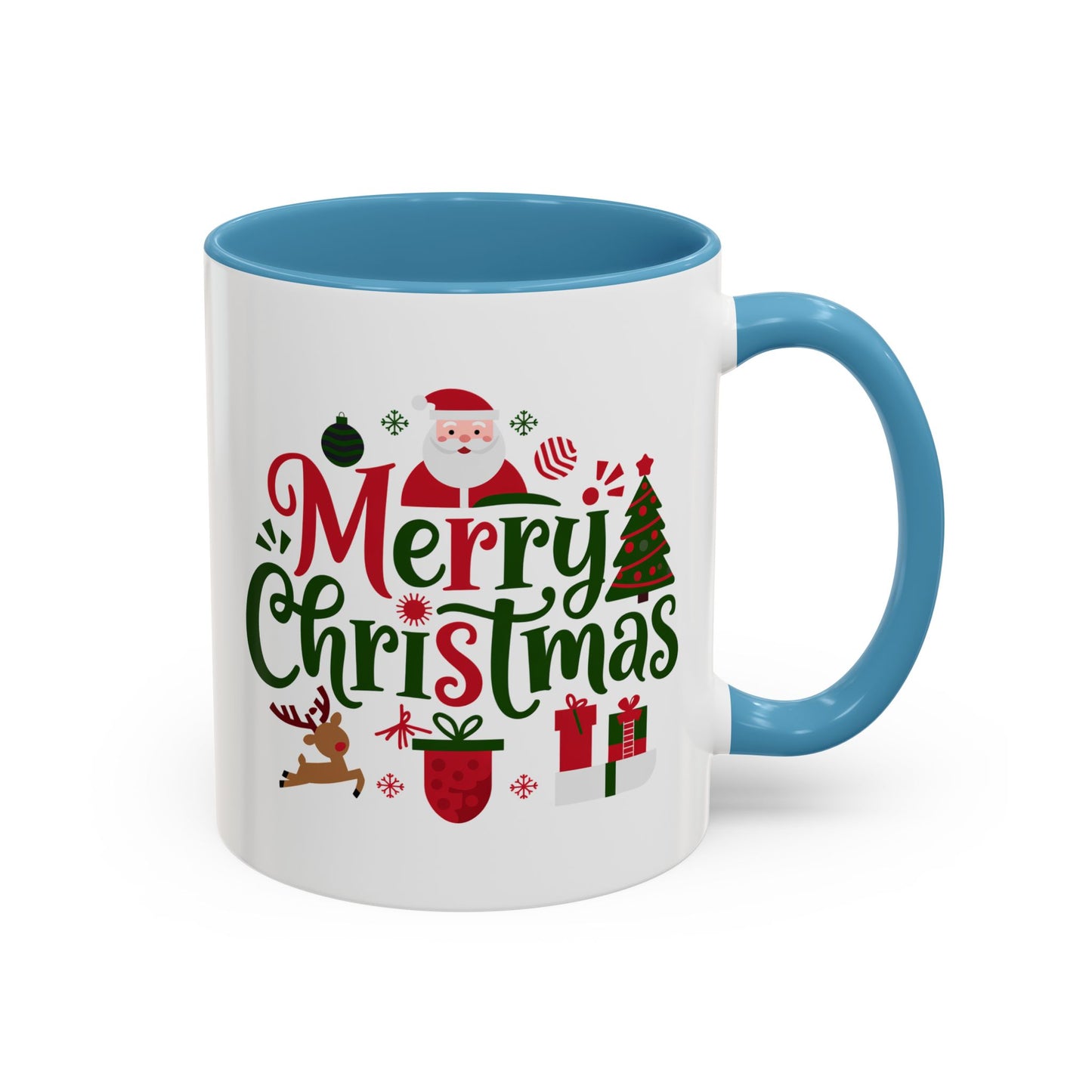 Christmas Mug - Merry Christmas Red & Green Text Santa Reindeer Tree Sleigh Ornaments