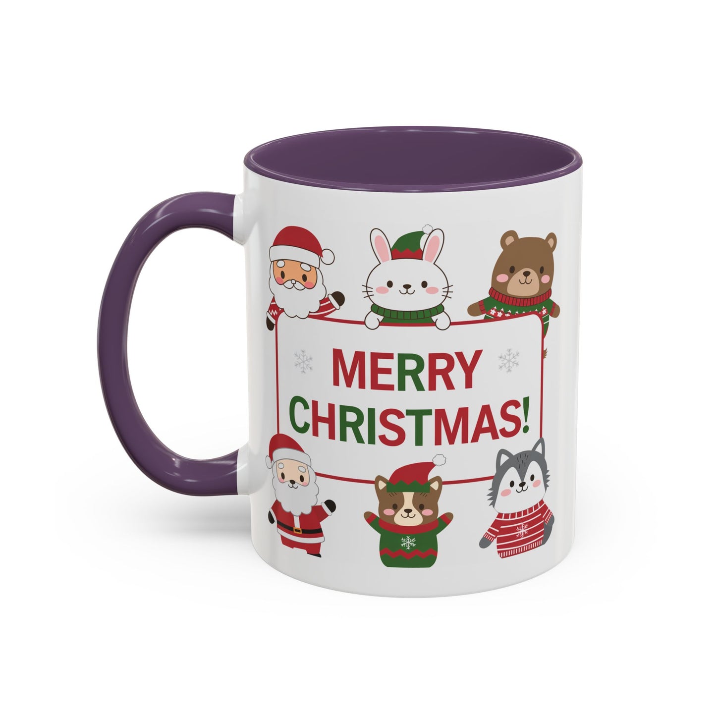 Christmas Mug - Merry Christmas Red & Green Text Santa Cute Animals