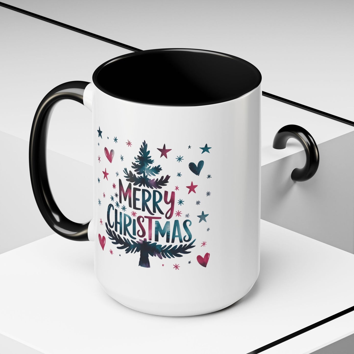 Christmas Mug - Merry Christmas Maroon & Blue Text Tree Hearts Stars