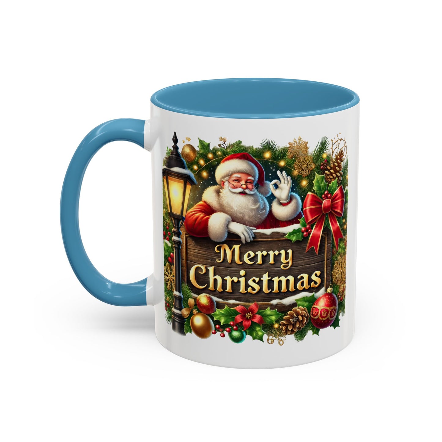 Christmas Mug - Merry Christmas Cream Text Santa Ok Light Bow Ornaments