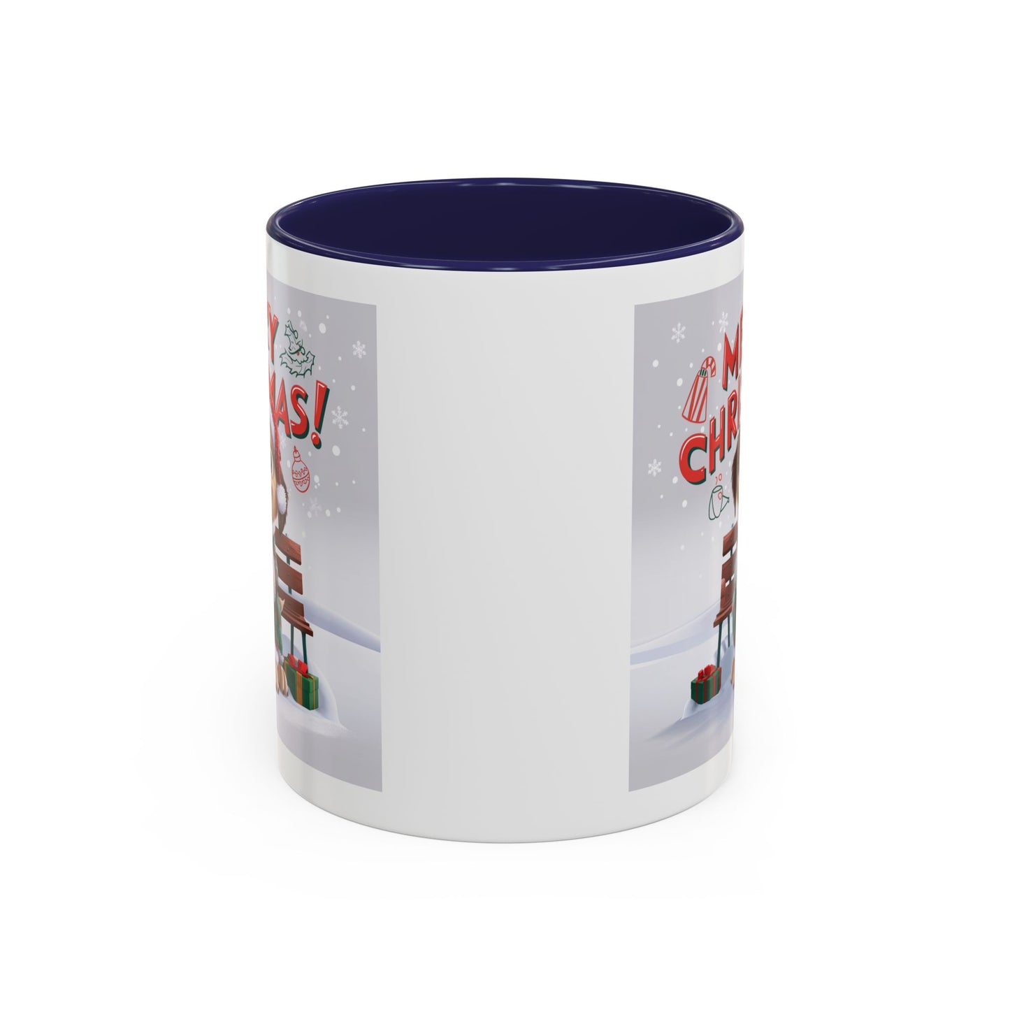 Christmas Mug - Merry Christmas Red Text Puppy Green Top