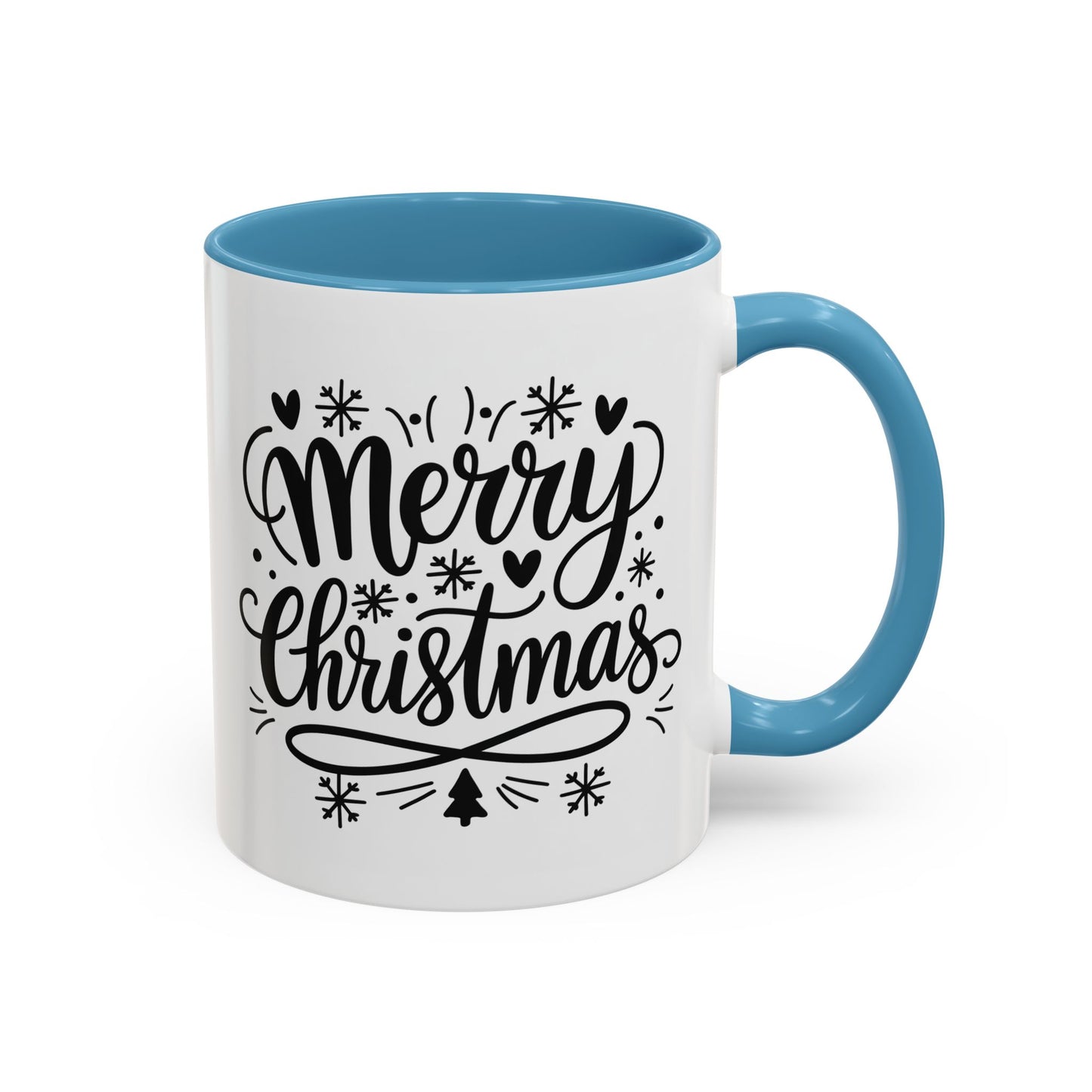 Christmas Mug - Merry Christmas Black Text Tree Snowflakes Hearts