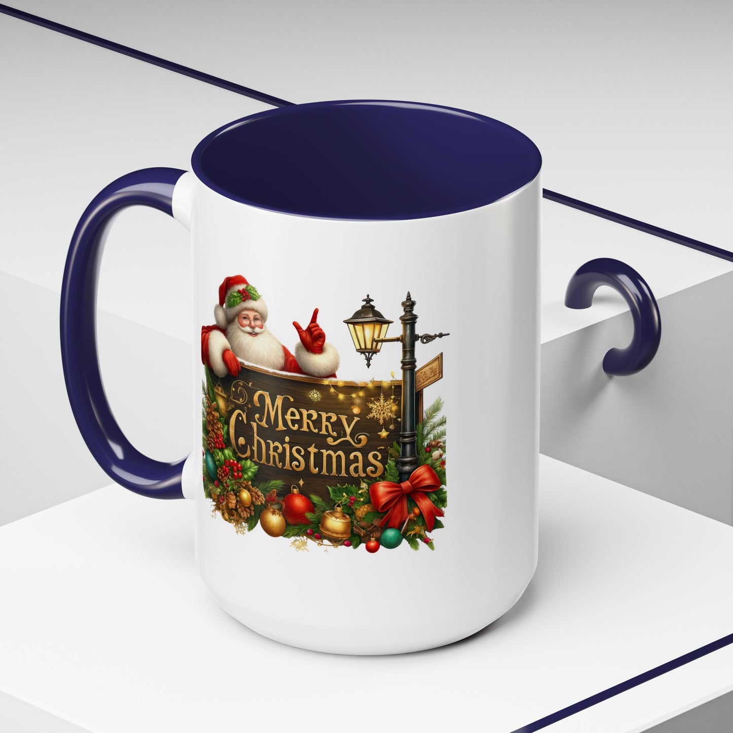 Christmas Mug - Merry Christmas Gold Text Santa Point Ornaments