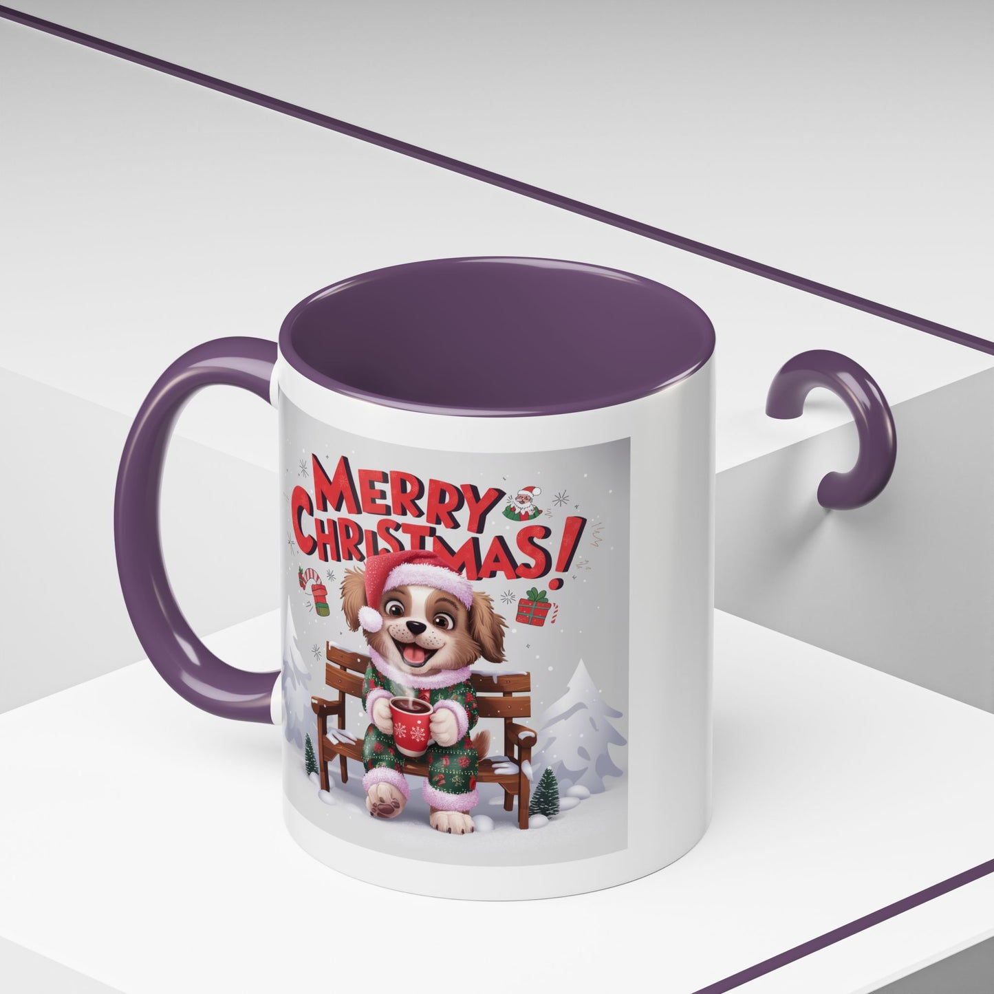 Christmas Mug - Merry Christmas Red Text Puppy Green & Red Top