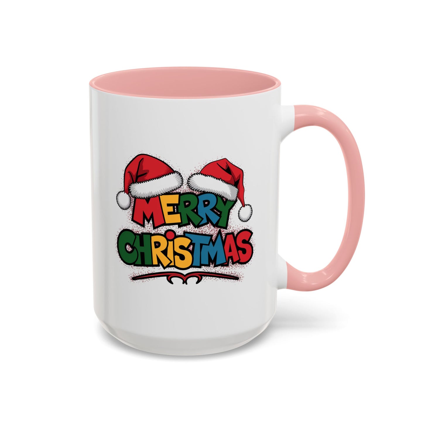 Christmas Mug - Merry Christmas Red Yellow & Blue Text Red Hats