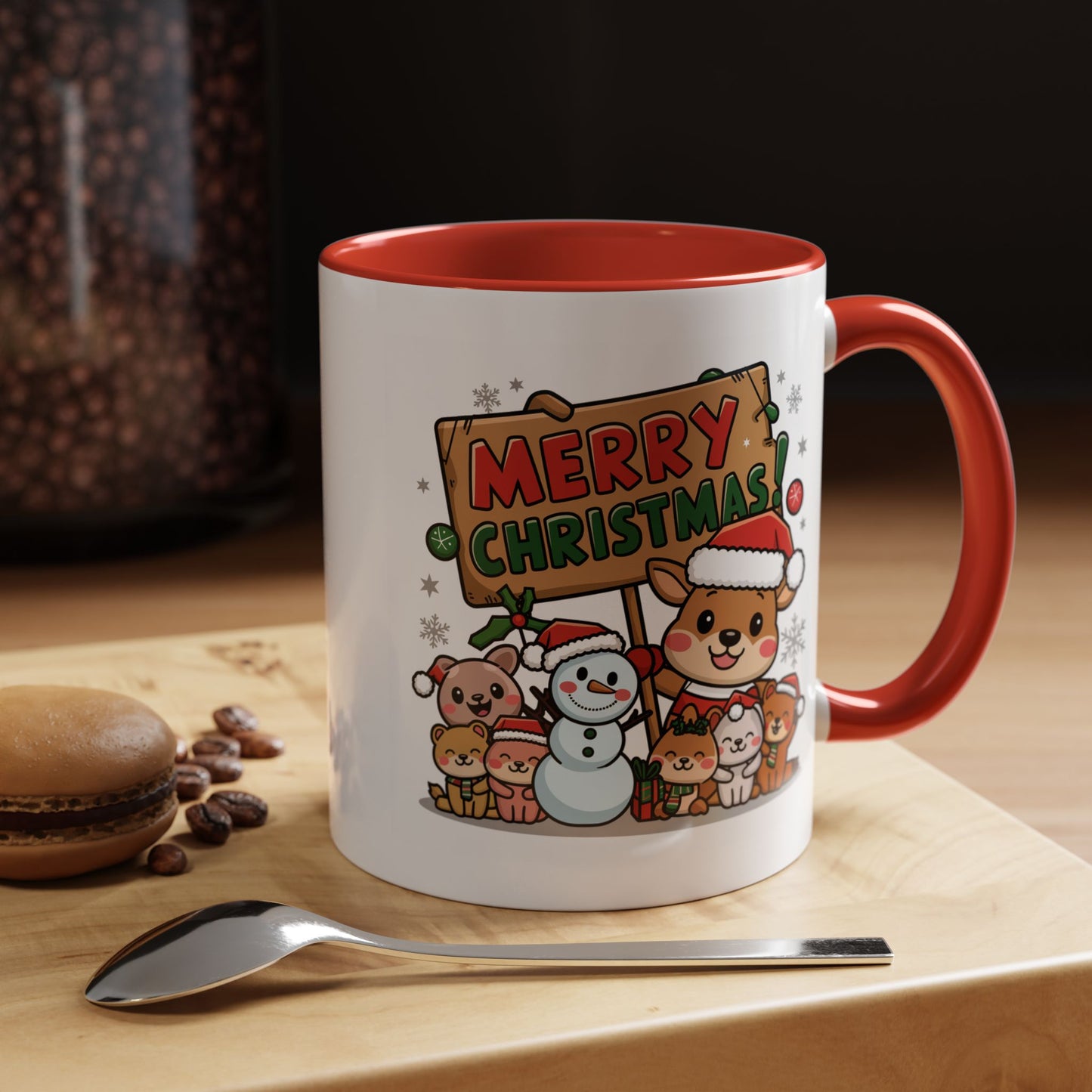 Christmas Mug - Merry Christmas Red & Green Text Reindeer Snowman