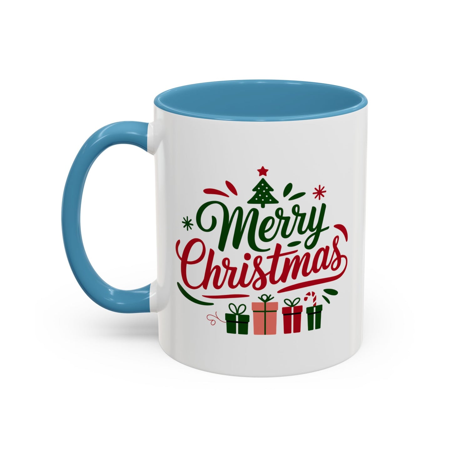 Christmas Mug - Merry Christmas Green & Red Text Tree Snowflakes Presents