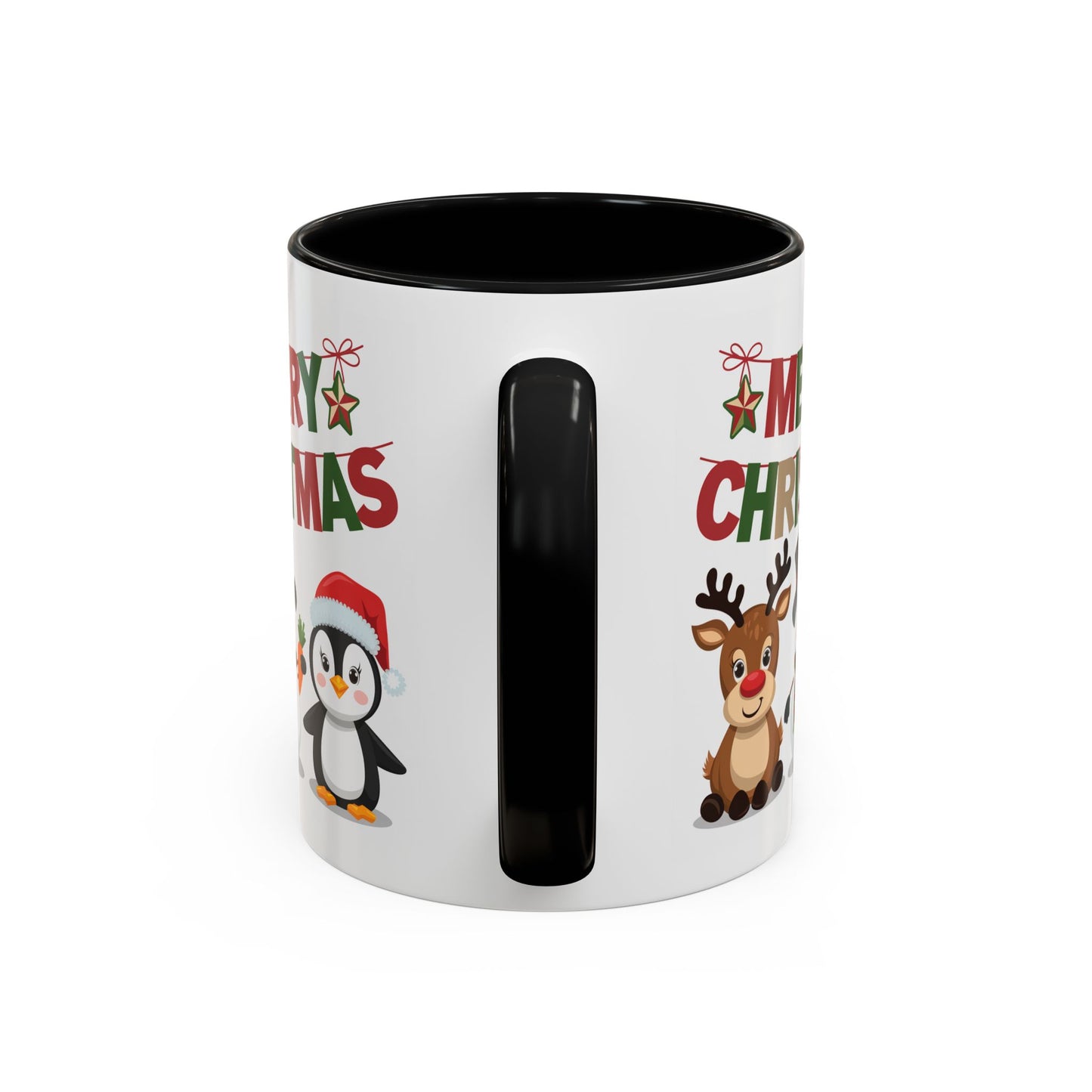 Christmas Mug - Red Green & Gold Text Reindeer Snowman Penguin