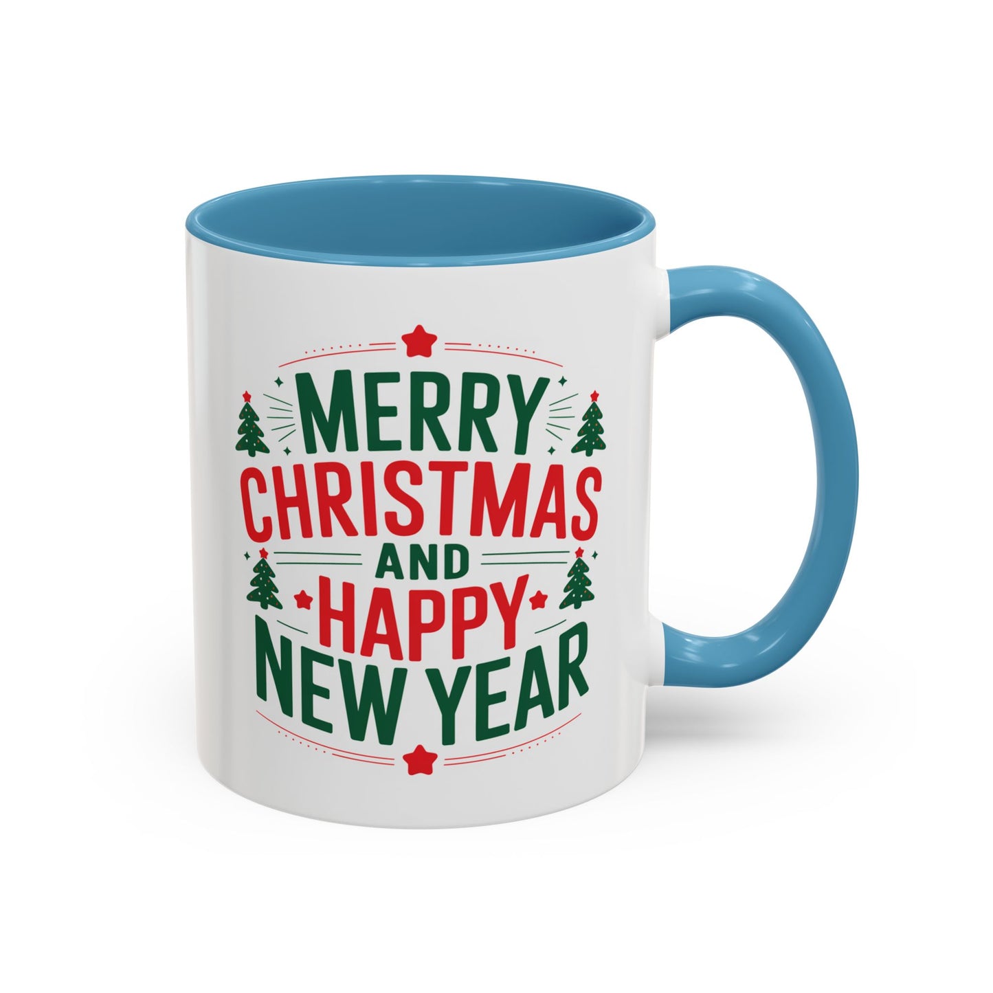 Christmas Mug - Merry Christmas and a Happy New Year Green & Red Text Trees Stars