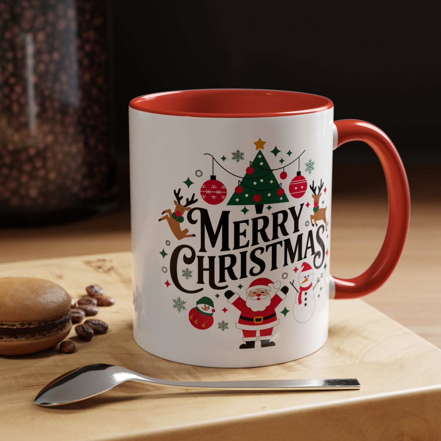 Christmas Mug - Merry Christmas Black Text Santa Reindeer Snowmen Ornaments