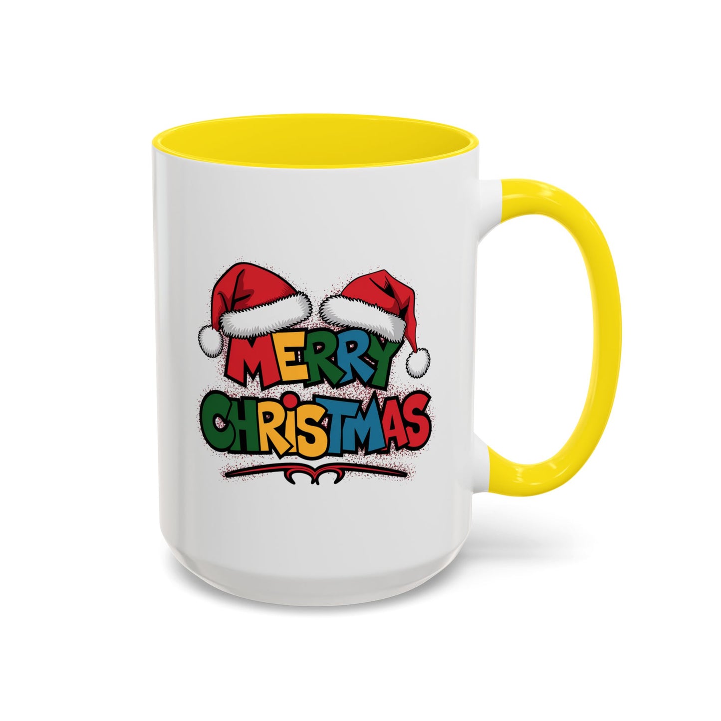 Christmas Mug - Merry Christmas Red Yellow & Blue Text Red Hats