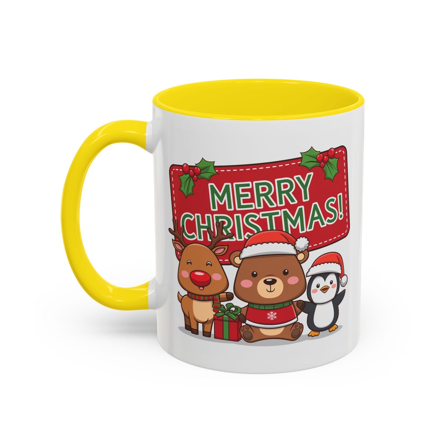 Christmas Mug - Green Text Red Banner Reindeer Bear Penguin