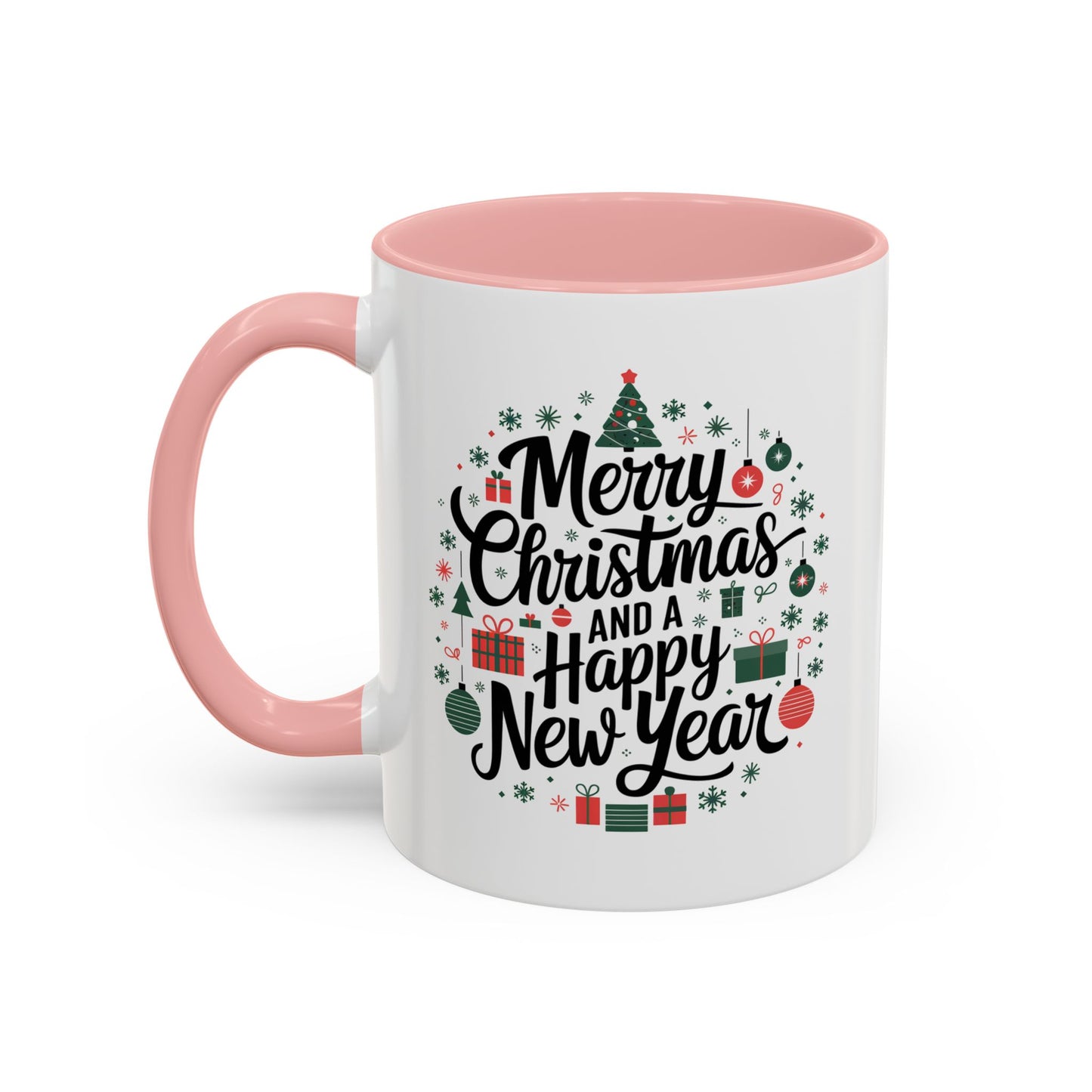 Christmas Mug - Merry Christmas and a Happy New Year Black Text Tree Ornaments Presents