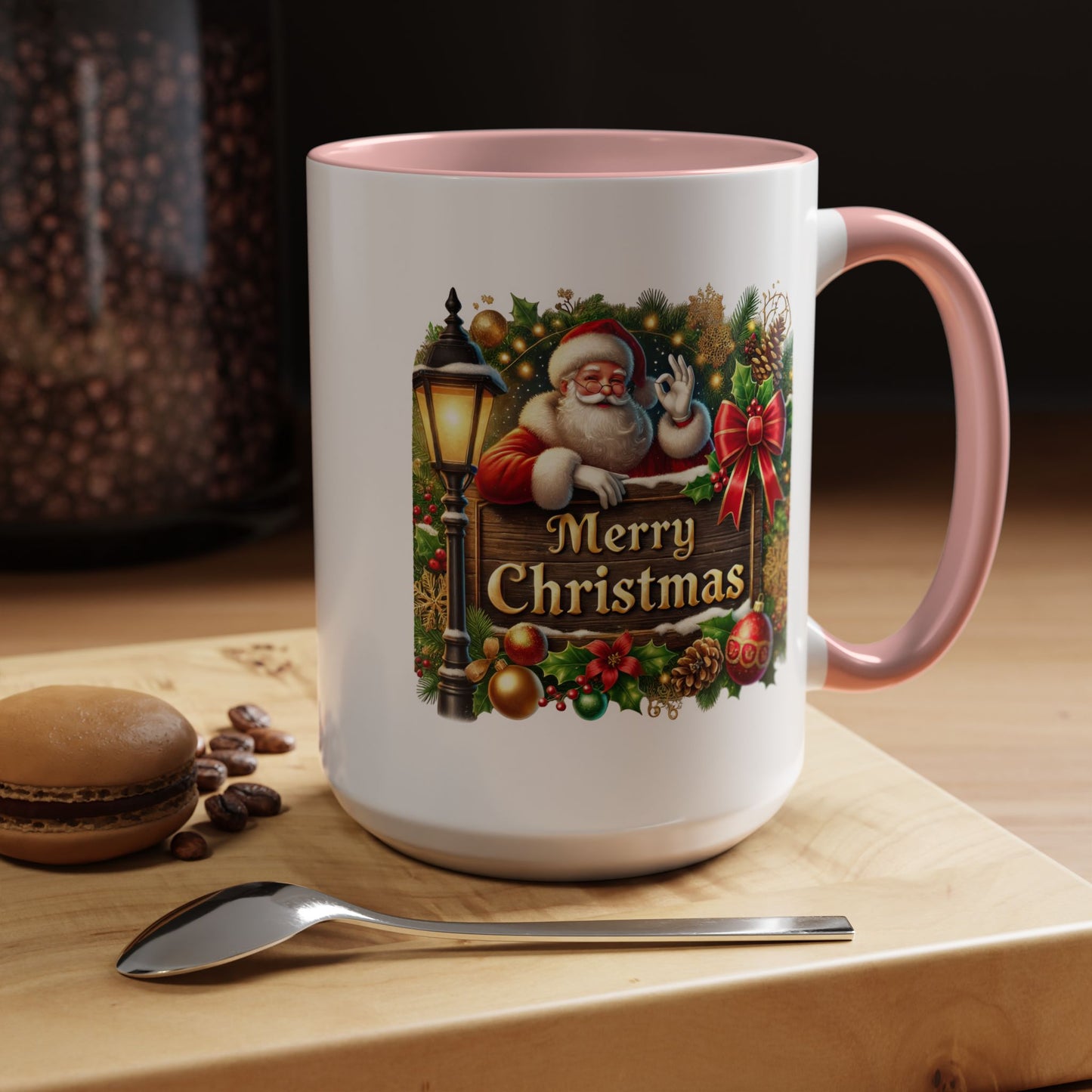 Christmas Mug - Merry Christmas Cream Text Santa Ok Light Bow Ornaments