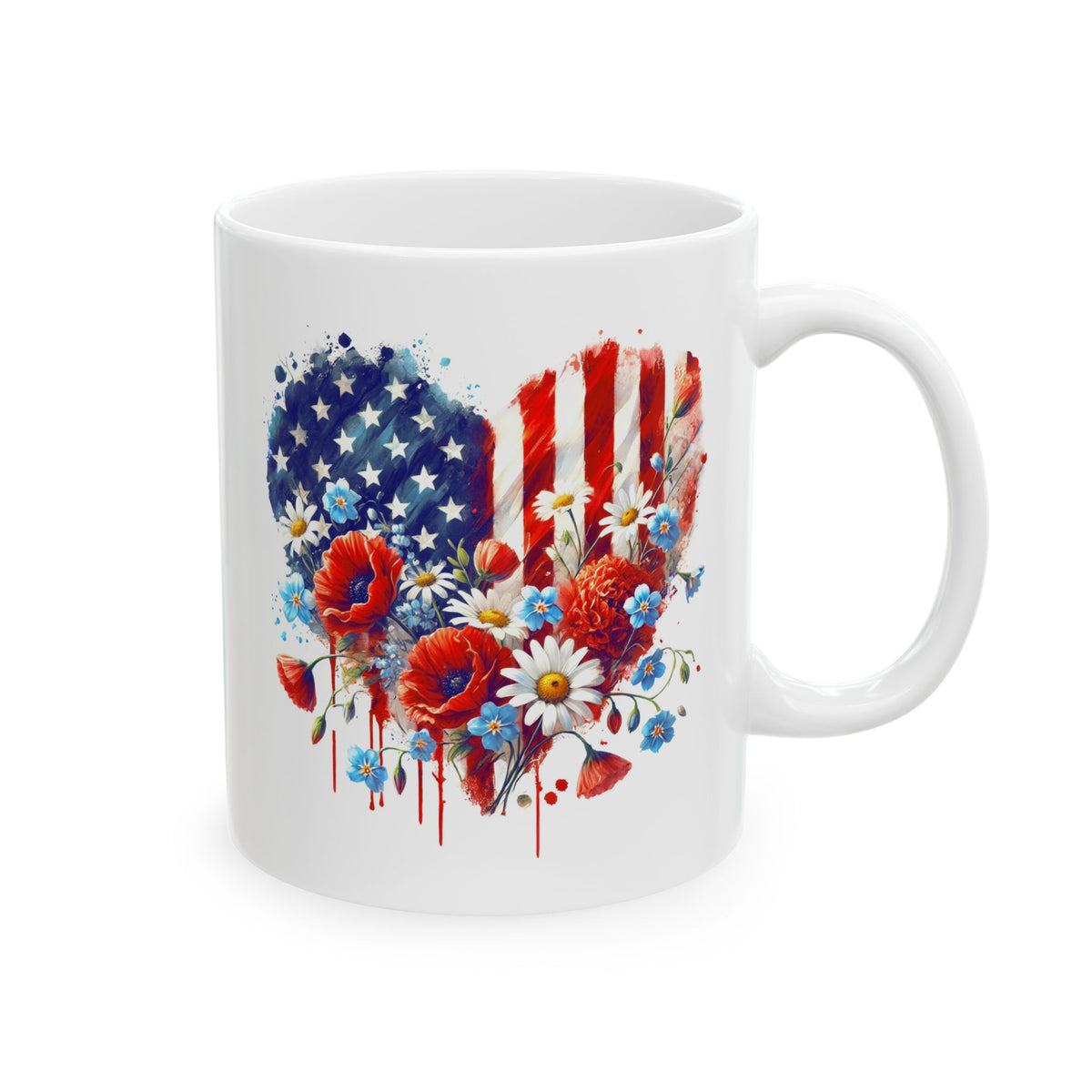 4th of July Mug - Patriotic USA Flowers Heart