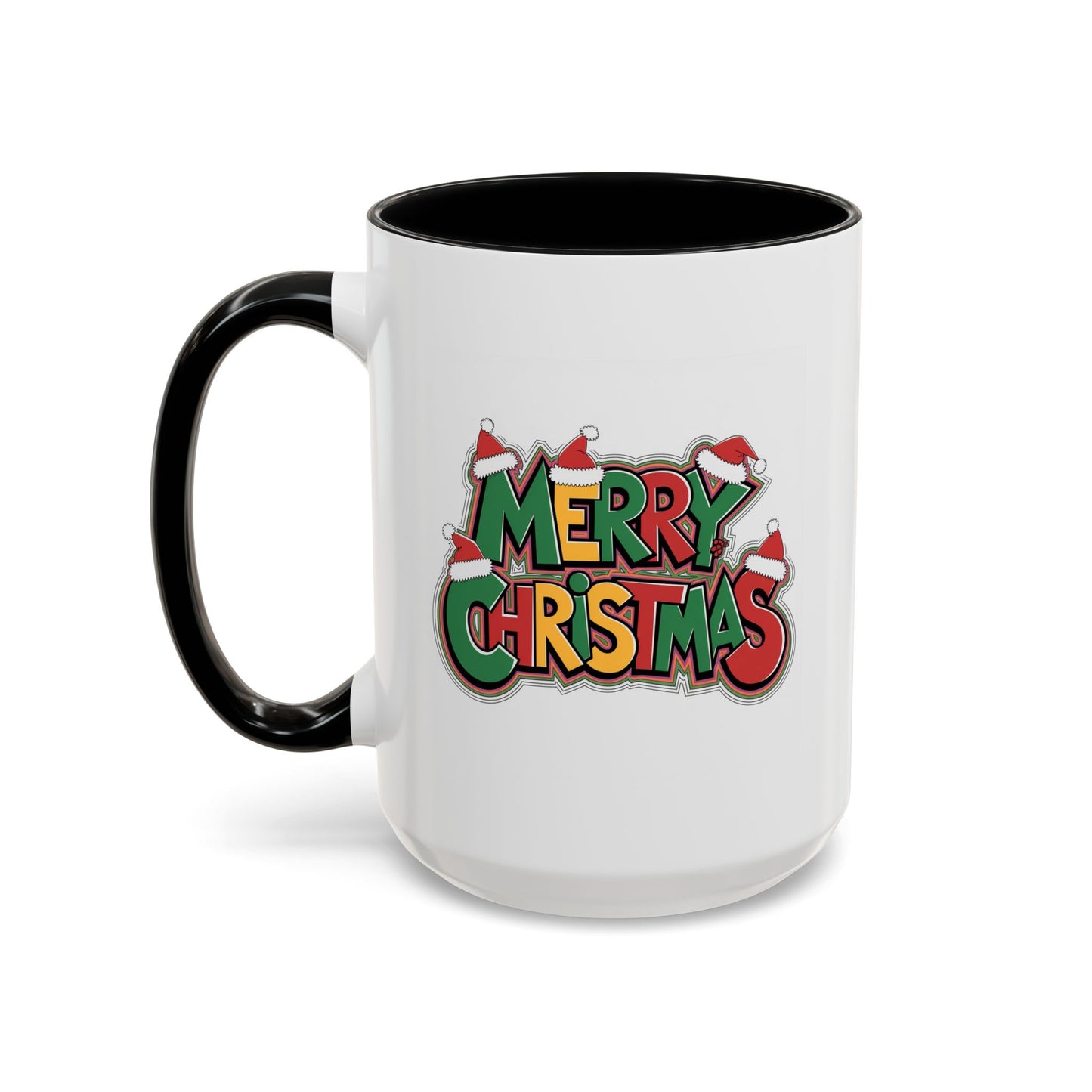 Christmas Mug - Merry Christmas Green Yellow & Red Text Hats