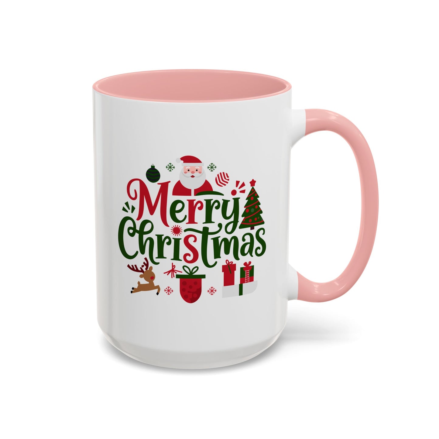 Christmas Mug - Merry Christmas Red & Green Text Santa Reindeer Tree Sleigh Ornaments