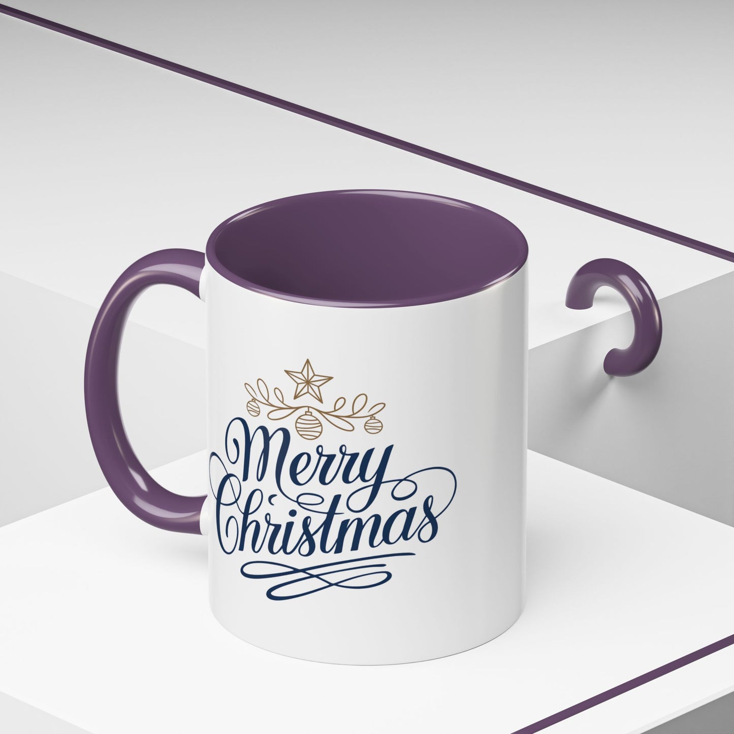 Christmas Mug - Merry Christmas Blue Text Gold Ornaments