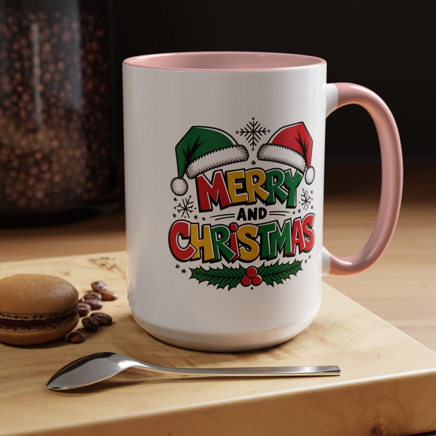 Christmas Mug - Merry Christmas Red Yellow & Green Text Green & Red Hat