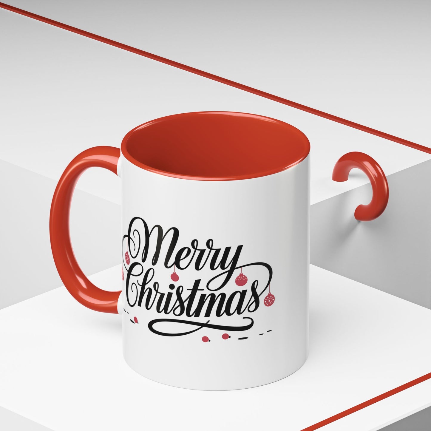 Christmas Mug - Merry Christmas Black Text Red Ornaments