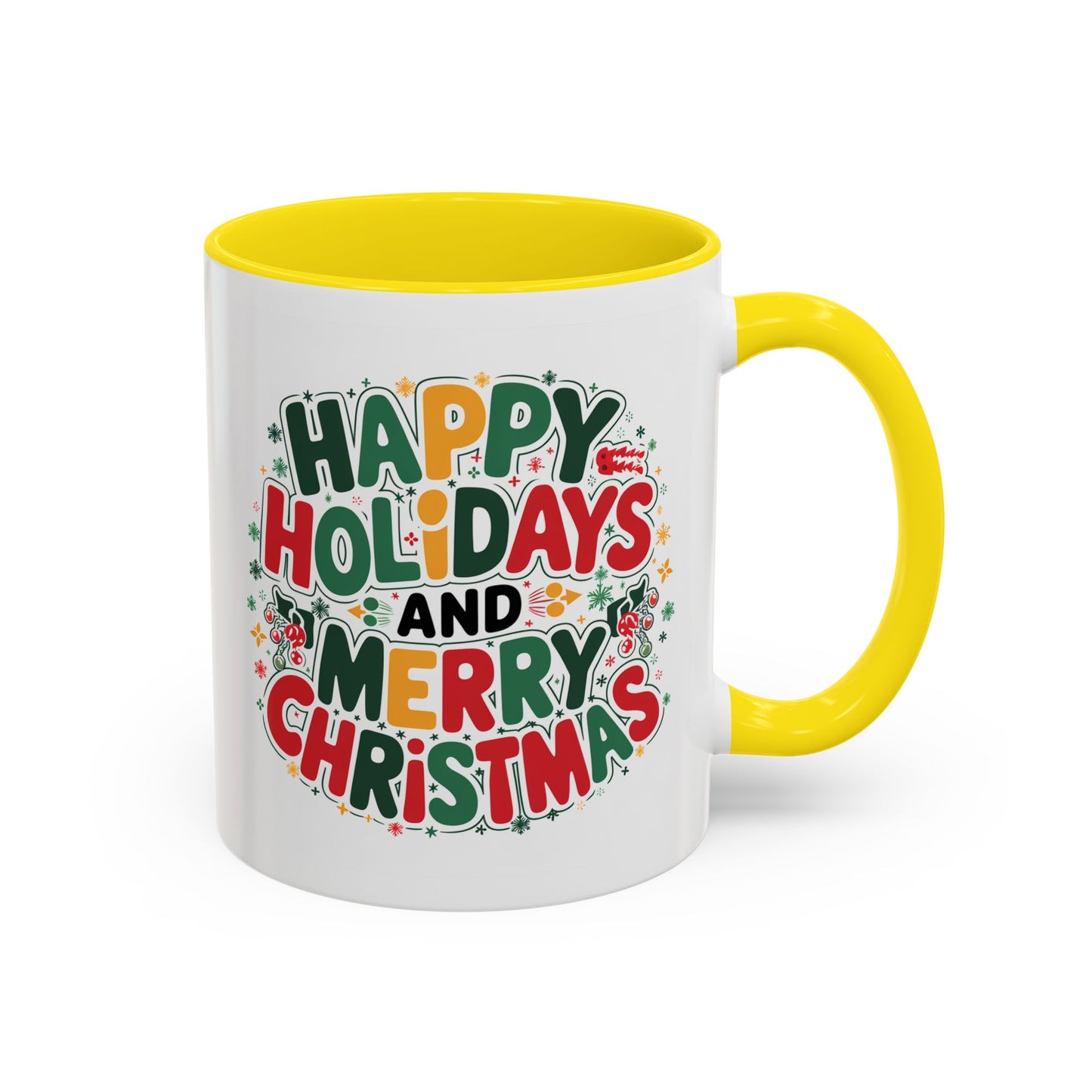Christmas Mug - Happy Holidays and Merry Christmas Blue Green Yellow Red Text