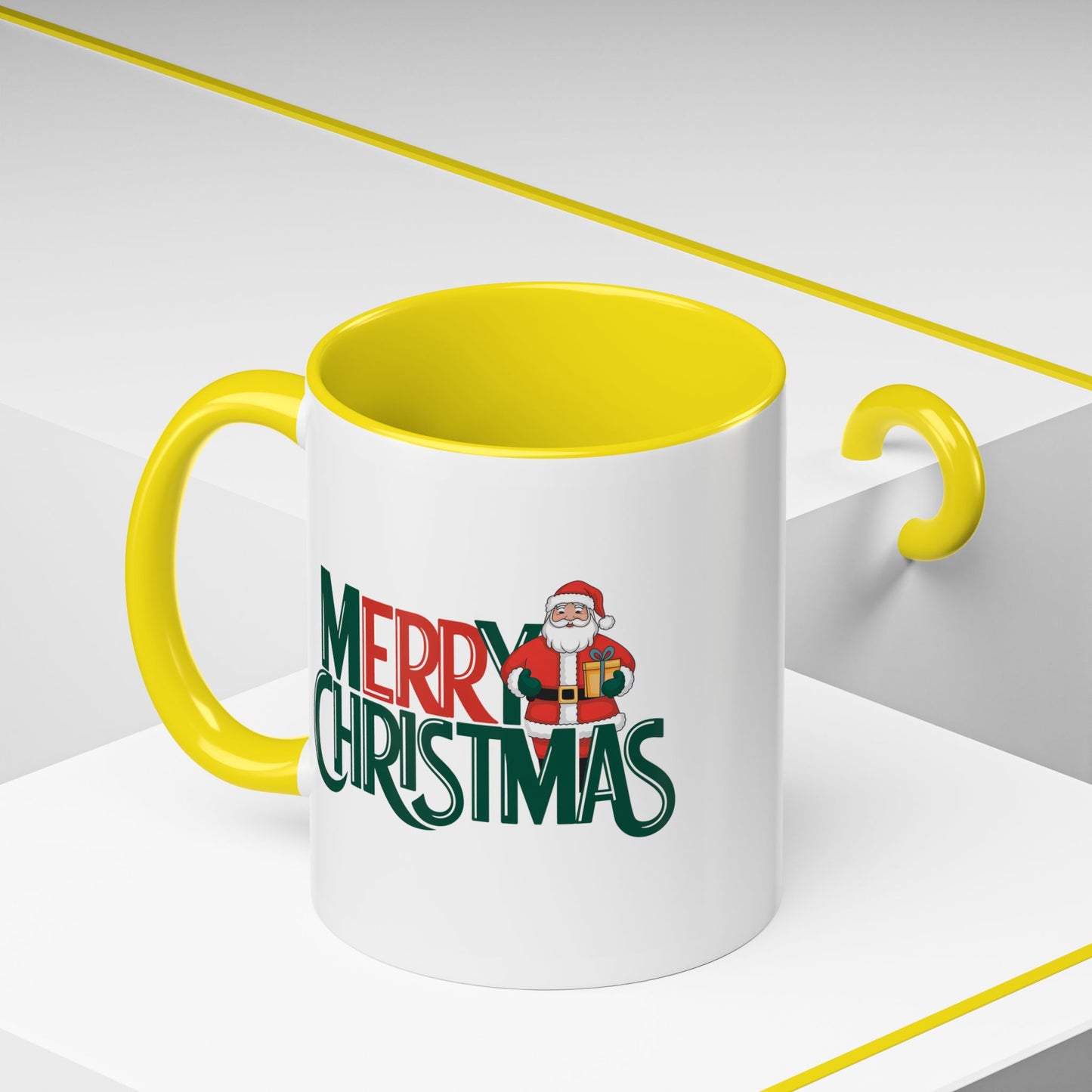 Christmas Mug - Merry Christmas Green & Red Text Santa Present