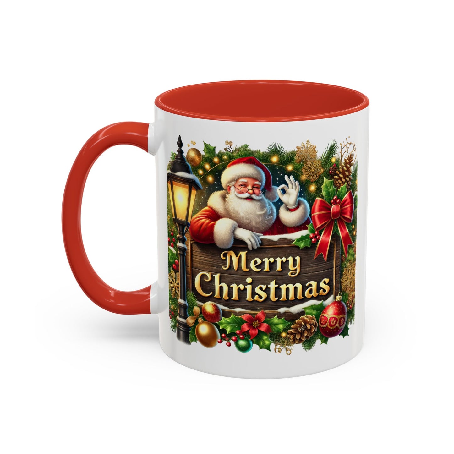 Christmas Mug - Merry Christmas Cream Text Santa Ok Light Bow Ornaments