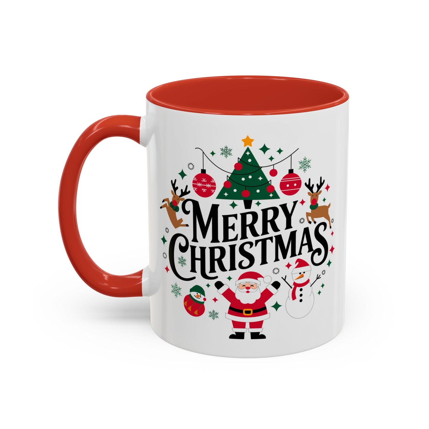 Christmas Mug - Merry Christmas Black Text Santa Reindeer Snowmen Ornaments