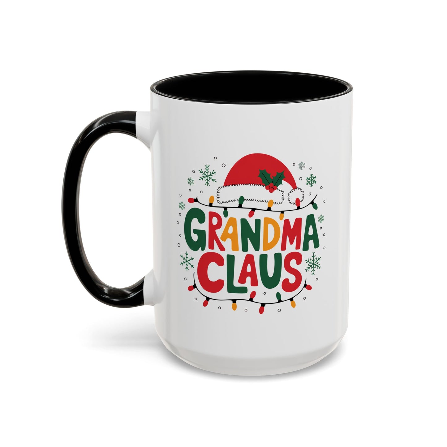 Christmas Mug - Grandma Claus Green Yellow & Red Text Hat Lights Stars