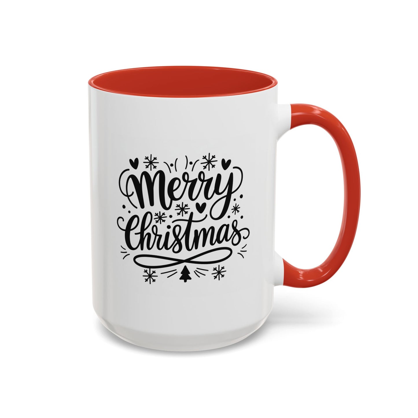 Christmas Mug - Merry Christmas Black Text Tree Snowflakes Hearts
