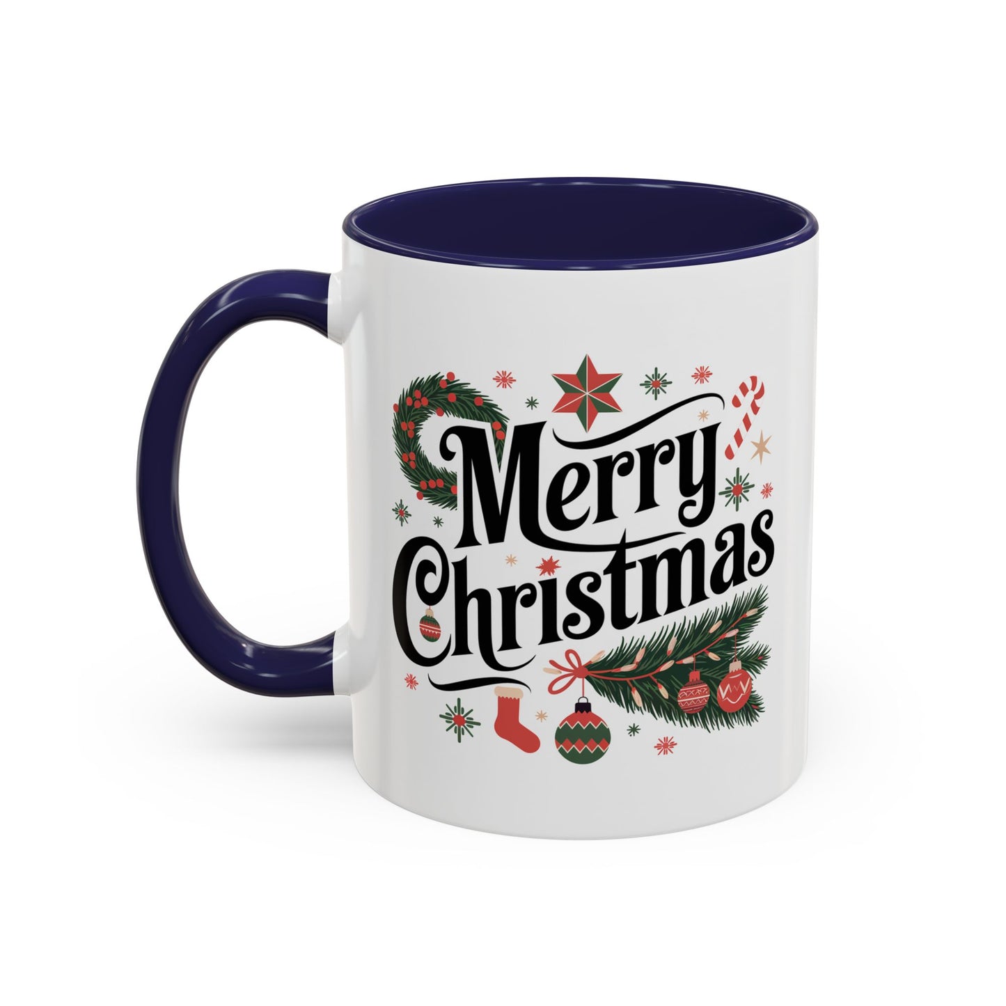 Christmas Mug - Merry Christmas Black Text Star Stocking Ornament Candy Cane