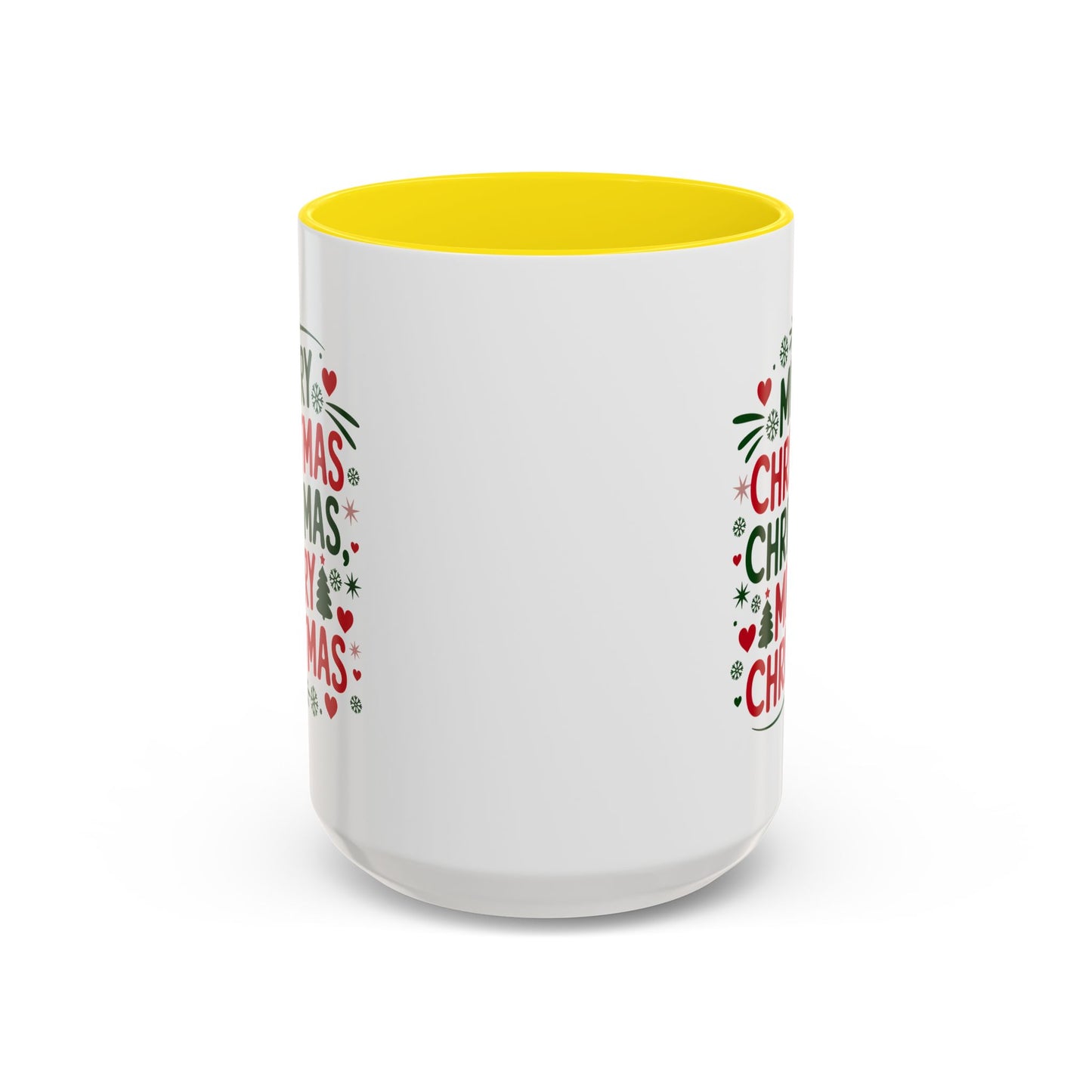 Christmas Mug - Merry Christmas Green & Red Text Trees Hearts Snowflakes Stars