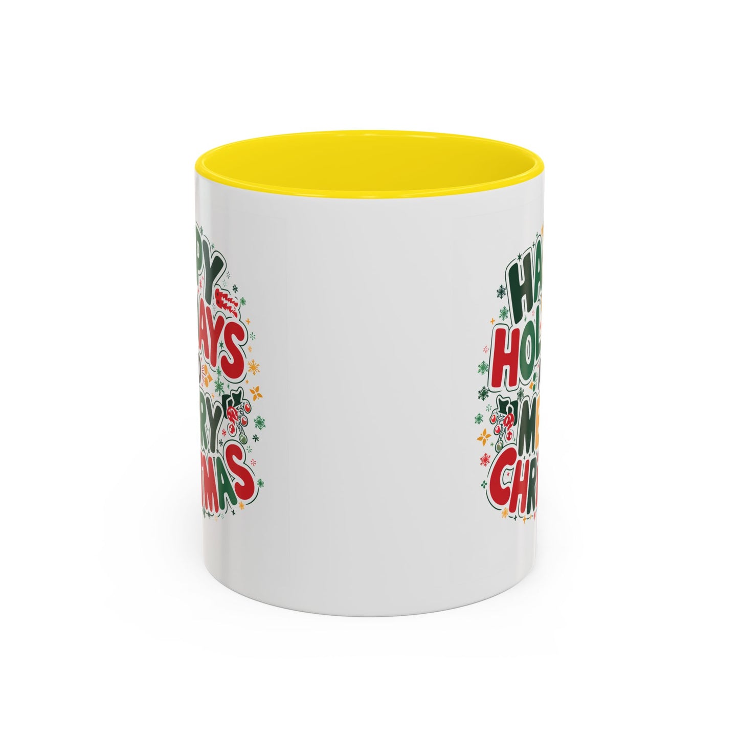 Christmas Mug - Happy Holidays and Merry Christmas Blue Green Yellow Red Text