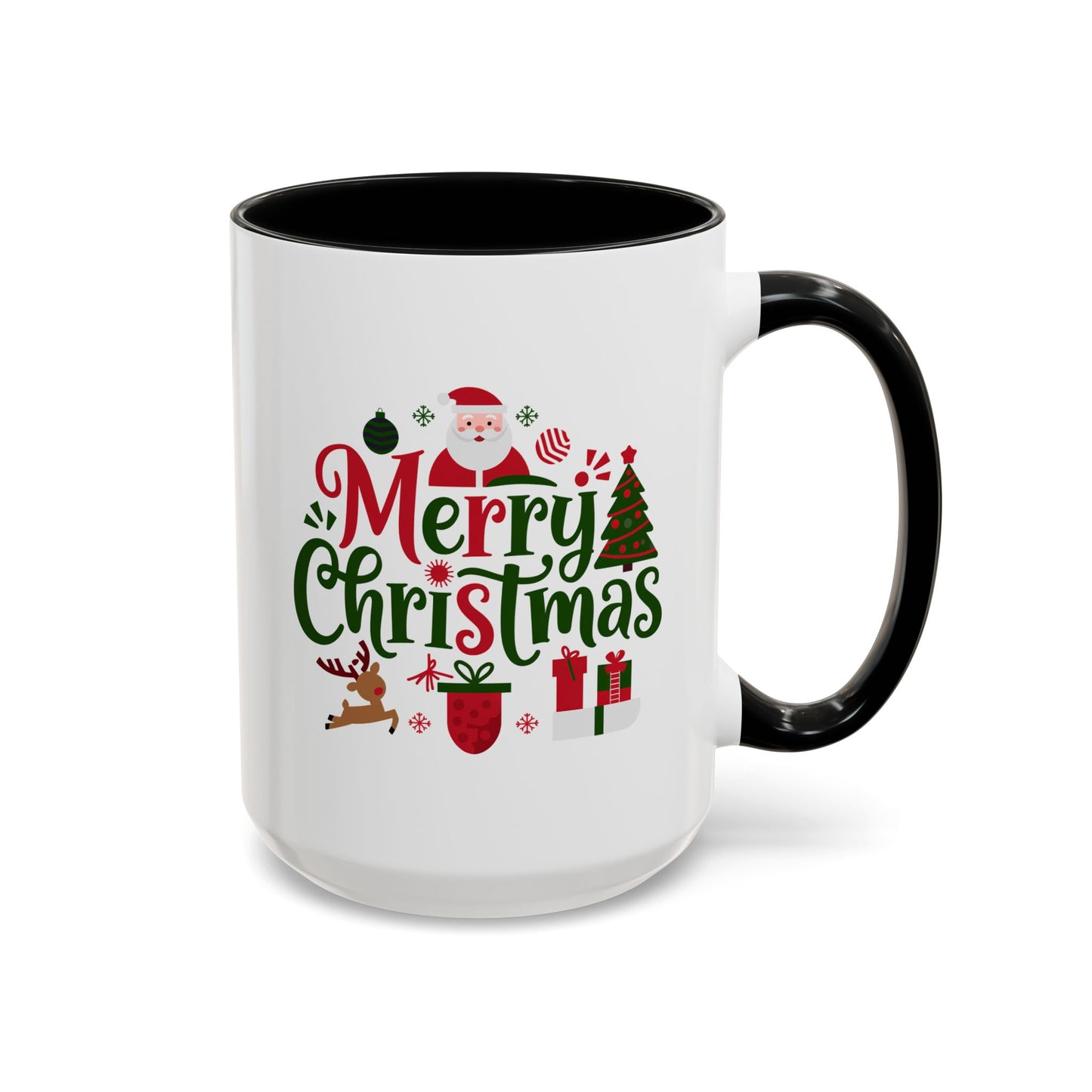 Christmas Mug - Merry Christmas Red & Green Text Santa Reindeer Tree Sleigh Ornaments