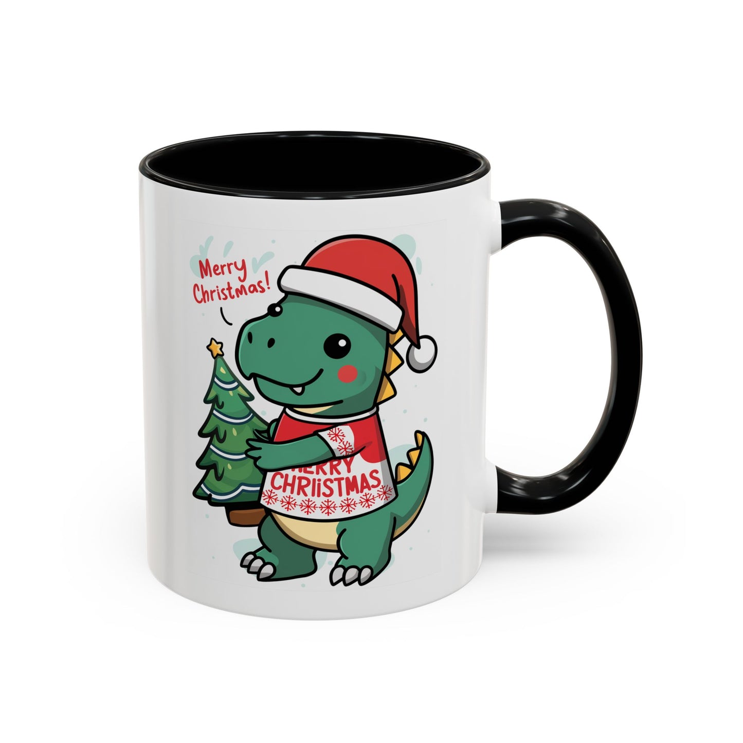 Christmas Mug - Merry Christmas Red Text Dinosaur Tree