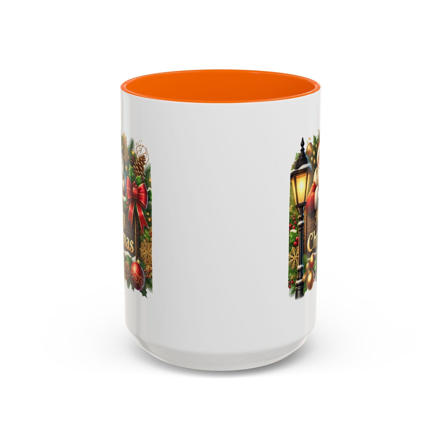 Christmas Mug - Merry Christmas Cream Text Santa Ok Light Bow Ornaments