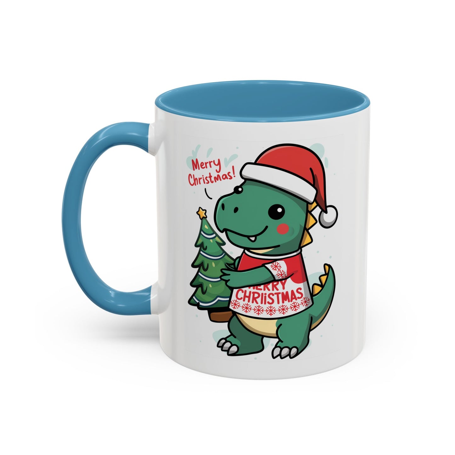 Christmas Mug - Merry Christmas Red Text Dinosaur Tree