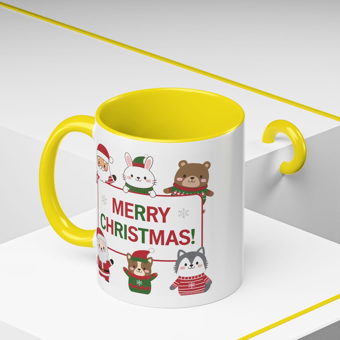Christmas Mug - Merry Christmas Red & Green Text Santa Cute Animals