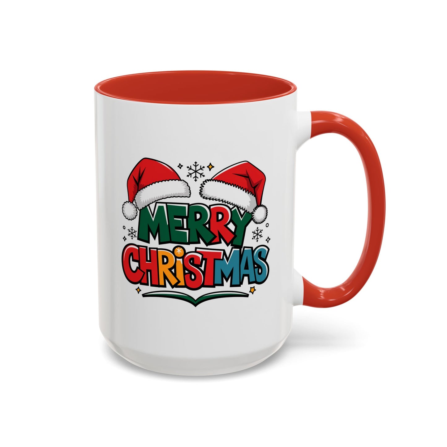 Christmas Mug - Merry Christmas Green Red Yellow and Blue Text Red Hats