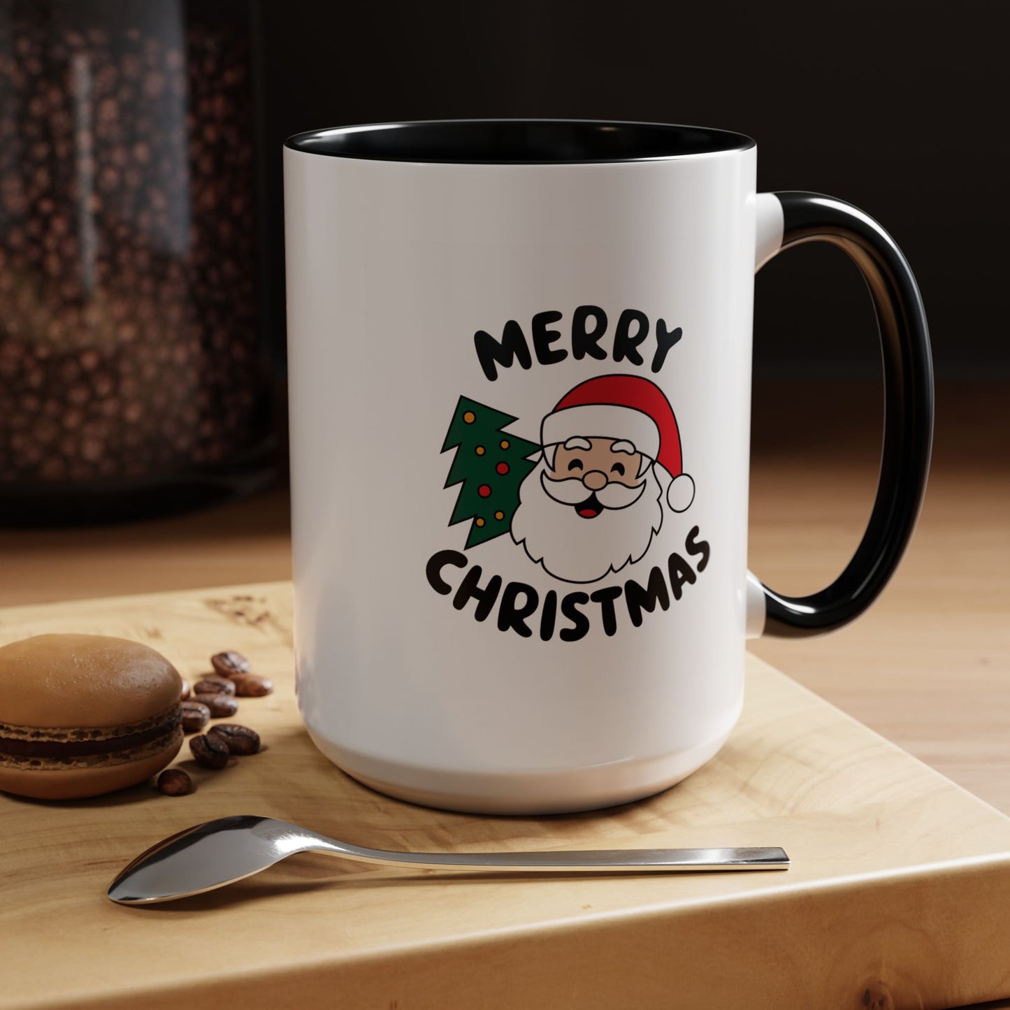 Christmas Mug - Merry Christmas Black Text Santa Tree
